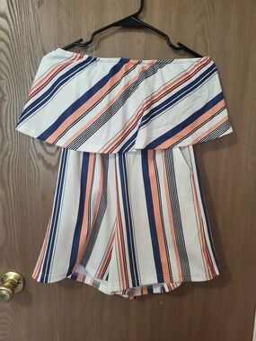Off-Shoulder Striped Romper in White, Navy & Peach